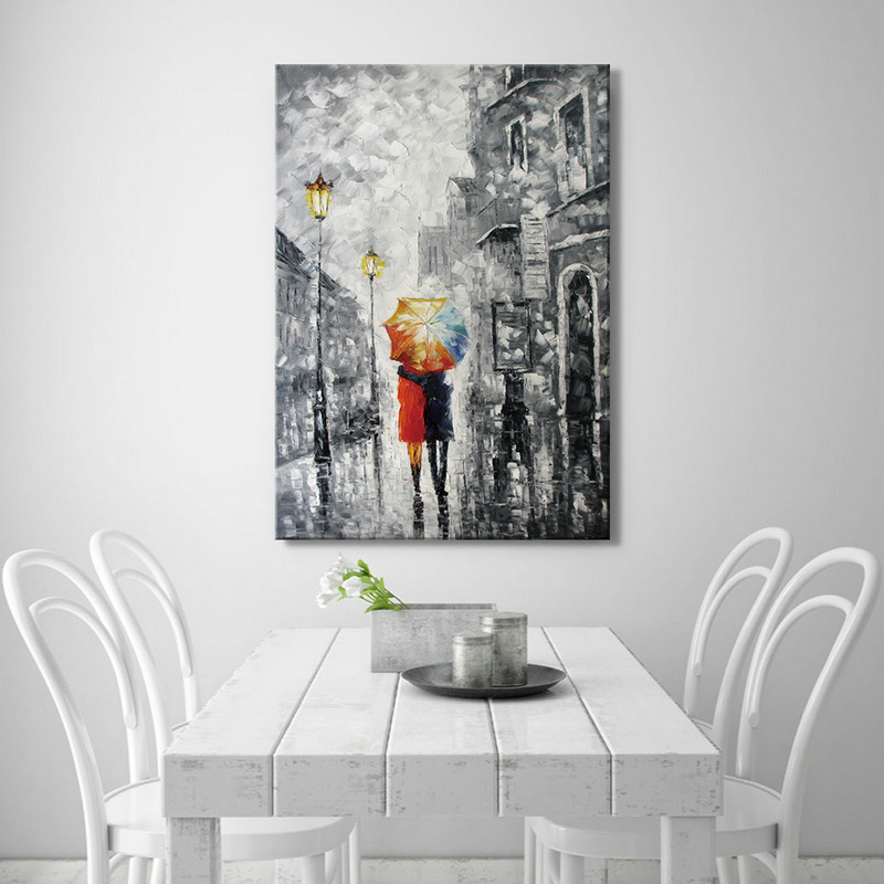 Canvas Art "Lovers under the one umbrella" Palette Knife Painting Black White Red Blue